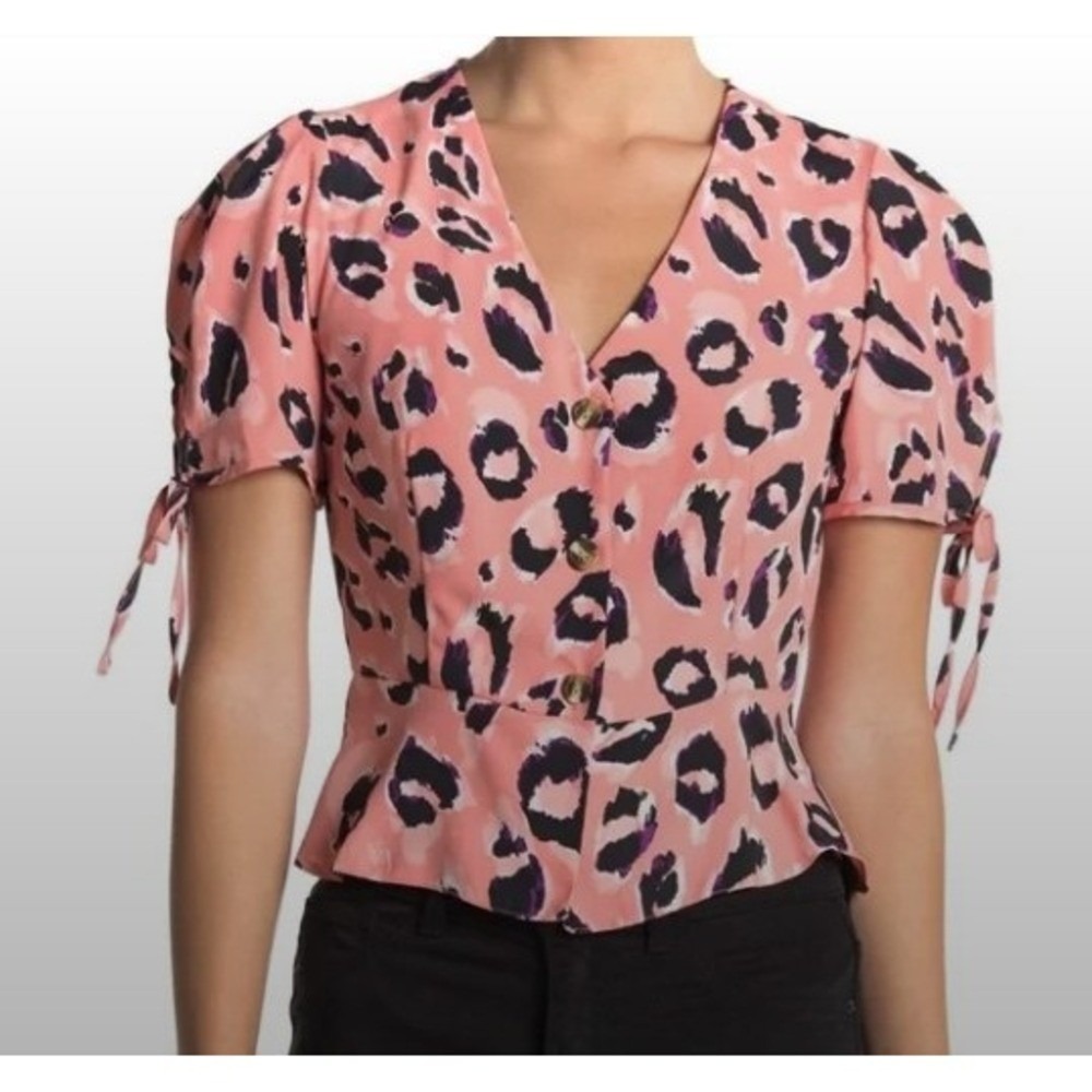 Topshop Leopard Print Blouse Womens‎ Size 12 Pink Animal Print Peplum Top